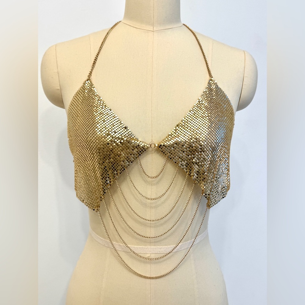 ALTEREDREAMS Gold Chainmail Drape Top Liquid Metal Festival Layered Chain Bra